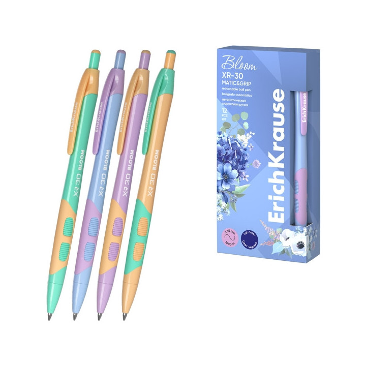 Erichkrause Bloom XR-30 Matic&Grip Pastel Boligrafo Retractil - Punta de Bola 0.7mm - Trazo de 0.35mm - Tinta Azul - Grip de Ag