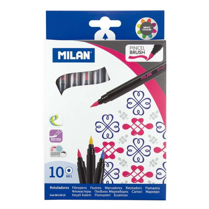 Milan Pack de 10 Rotuladores con Punta de Pincel - Trazo de 0.5 a 4mm - Tinta a Base de Agua - Mezclable entre si - Colores Sur