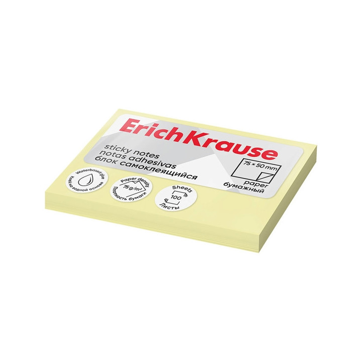 ErichKrause Bloc de 100 Notas Adhesivas 50x75mm - Removibles - Color Amarillo Claro