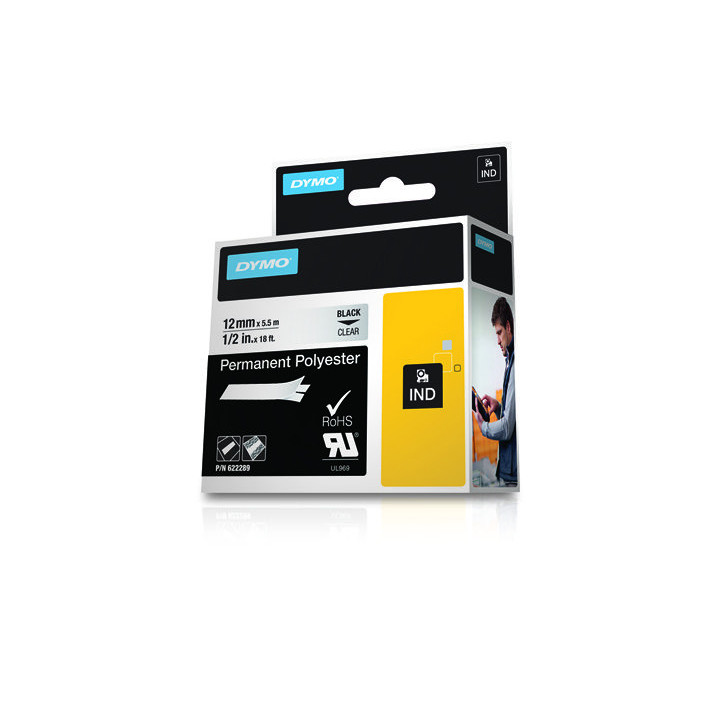 Dymo Rhino ID1-12 Cinta de Etiquetas Original para Rotuladora - Texto Negro sobre Fondo Transparente - Ancho 12mm x 5.5 metros