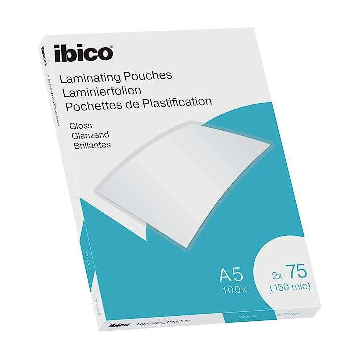 Ibico Caja de 100 Laminas para Plastificar Gloss A5 75 Micras - Acabado Brillante - Plastifica Papel