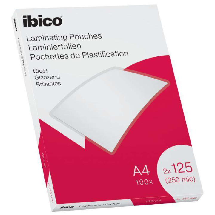 Ibico Caja de 100 Laminas de Plastificar Gloss A4 125 Micras - Acabado Cristalino de Alto Brillo - Plastifica Papel