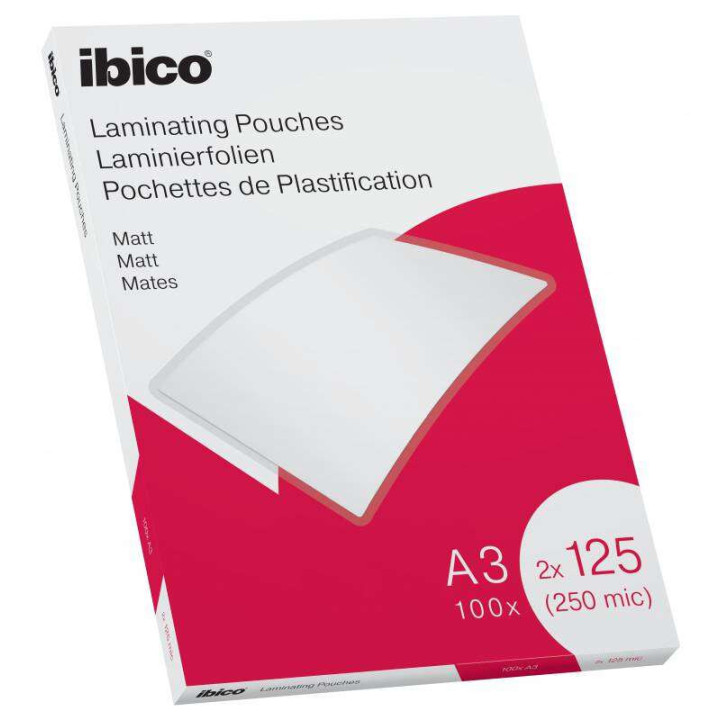 Ibico Caja de 100 Laminas de Plastificar Mate A3 125 Micras - Superficie Mate - Plastifica Papel