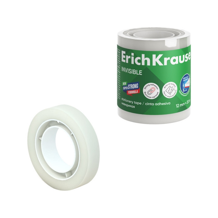 ErichKrause Cinta Adhesiva Invisible 12mmx20m - Superficie Mate - Apta para Escribir Encima - Transparente
