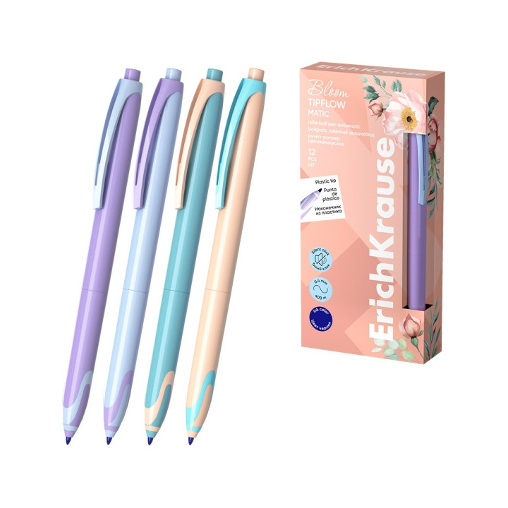 Erichkrause Bloom TipFlow Matic Pastel Boligrafo Retractil - Punta de Bola 0.5mm - Trazo de 0.4mm - Tinta Azul - Cuerpo en Colo