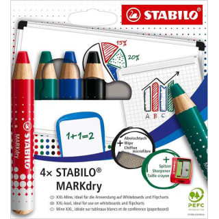 Stabilo MARKdry Pack de 4 Marcadores para Pizarra + Sacapuntas + Paño de Limpieza - Mina XXL de 10mm - Madera 100% Certificada