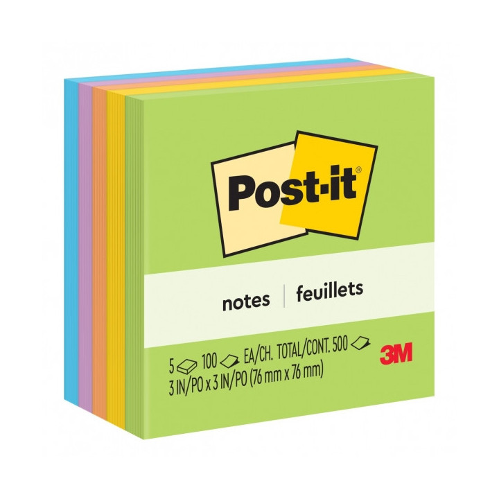 Post-it Bloc de 500 Notas Adhesivas Removibles Ultra Color 76x76mm - Papel con Certificacion PEFC - Colores Surtidos