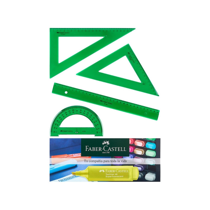 Faber-Castell Pack Escolar de 4 Reglas - Regla Recta - Transportador - Escuadra - Cartabon - Color Verde Tranparente