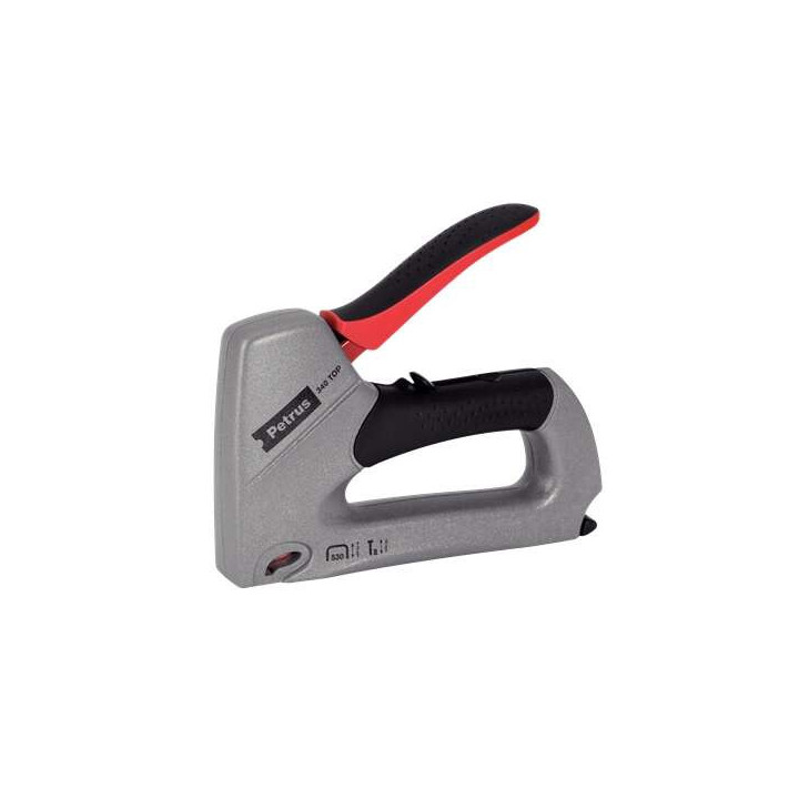Petrus 340 Top Clavadora/Grapadora Metalica - Para Grapas 530/6 a 14mm y Pins Tipo 8 de 15mm - Ajuste de Potencia - Color Gris/