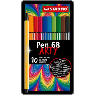 Stabilo Pen 68 Arty Caja Metalica de 10 Rotuladores - Punta de Fibra - Trazo de 1mm aprox. - Tinta a Base de Agua - Capuchon Ve