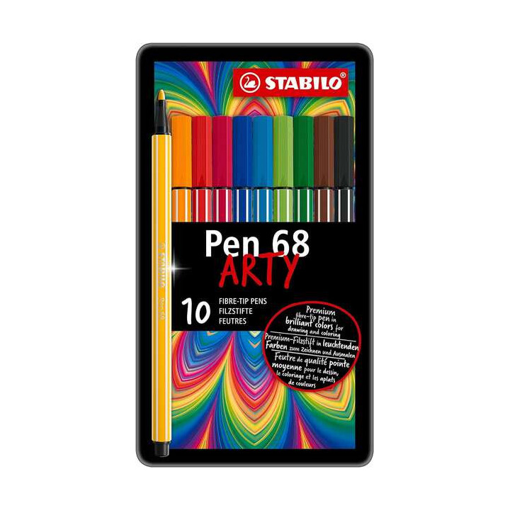Stabilo Pen 68 Arty Caja Metalica de 10 Rotuladores - Punta de Fibra - Trazo de 1mm aprox. - Tinta a Base de Agua - Capuchon Ve