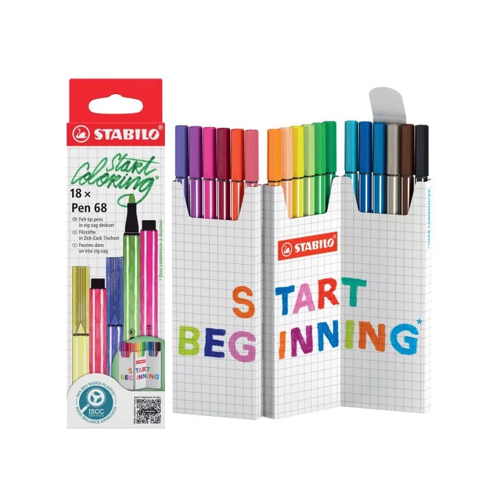 Stabilo Pen 68 Pack de 18 Rotuladores de Punta de Fibra - Trazo de 1mm aprox. - Tinta con Base de Agua - Colores Surtidos
