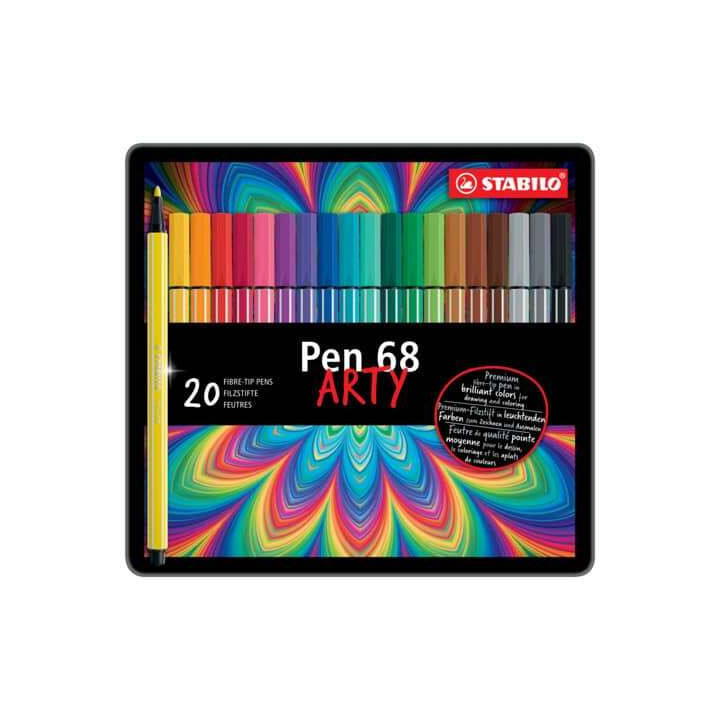 Stabilo Pen 68 Arty Caja Metalica de 20 Rotuladores - Punta de Fibra - Trazo de 1mm aprox. - Tinta a Base de Agua - Capuchon Ve