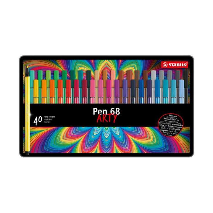 Stabilo Pen 68 Arty Caja Metalica de 40 Rotuladores - Punta de Fibra - Trazo de 1mm aprox. - Tinta a Base de Agua - Capuchon Ve