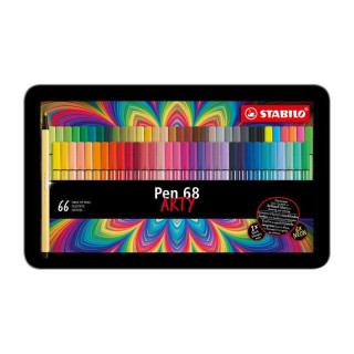 Stabilo Pen 68 Arty Caja Metalica de 66 Rotuladores - Punta de Fibra - Trazo de 1mm aprox. - Tinta a Base de Agua - Capuchon Ve