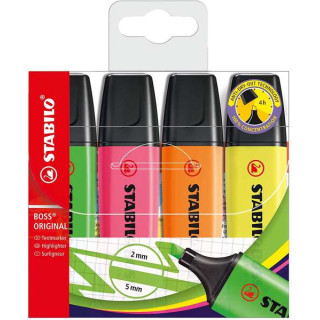 Stabilo Boss 70 Pack de 4 Marcadores Fluorescentes - Trazo entre 2 y 5mm - Recargable - Tinta con Base de Agua - Colores Surtid