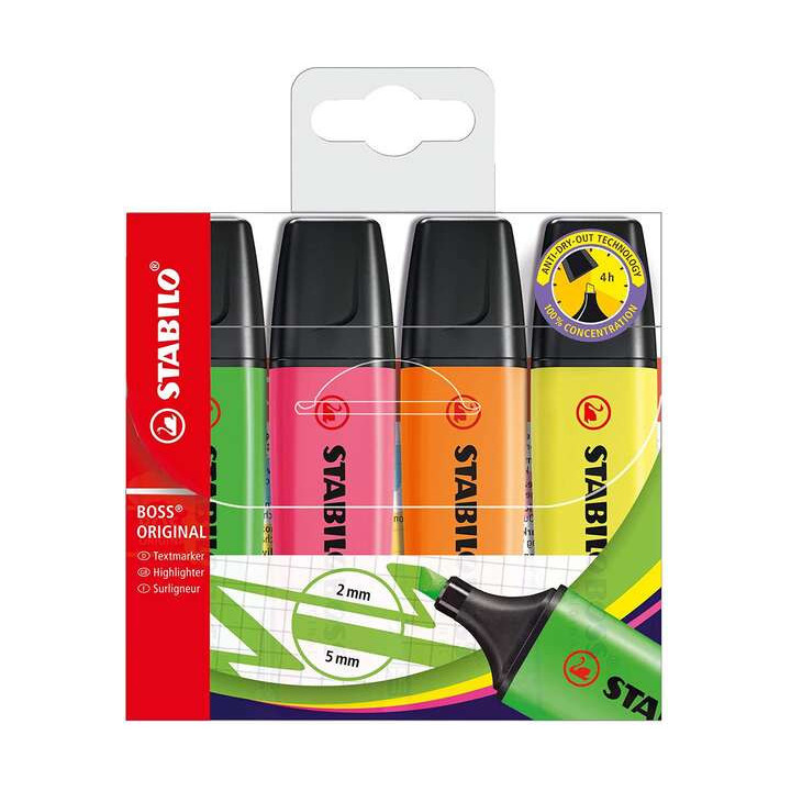 Stabilo Boss 70 Pack de 4 Marcadores Fluorescentes - Trazo entre 2 y 5mm - Recargable - Tinta con Base de Agua - Colores Surtid
