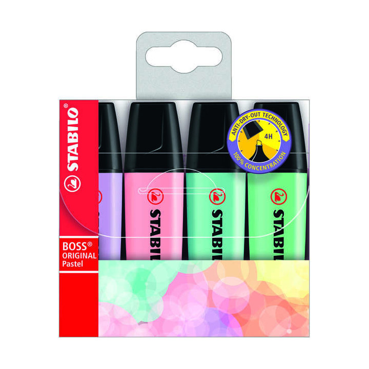 Stabilo Boss 70 Pastel Pack de 4 Rotuladores Marcadores Fluorescentes - Trazo entre 2 y 5mm - Recargable - Tinta con Base de Ag