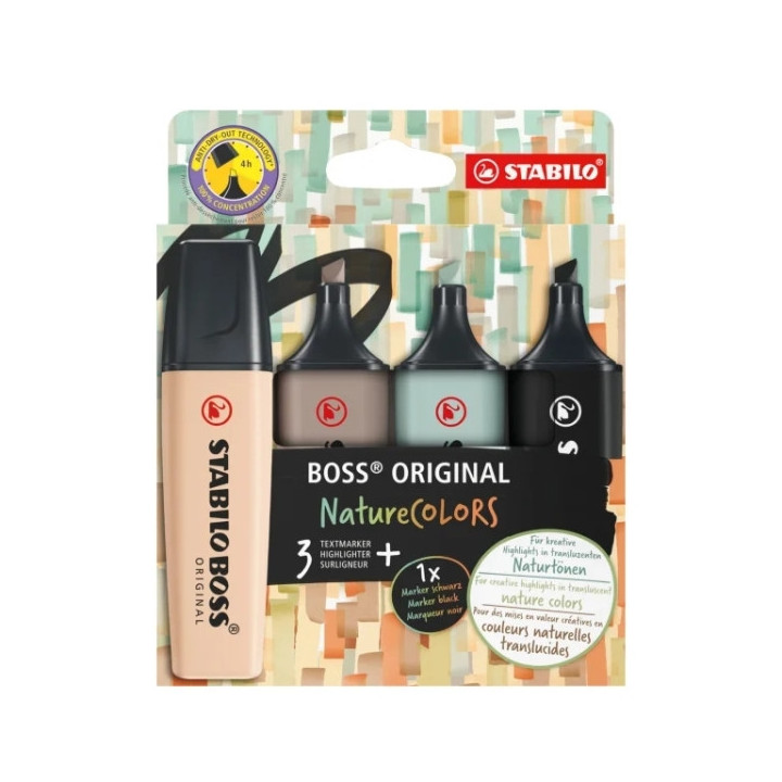 Stabilo Boss Naturecolors Pack de 4 Marcadores - Trazo entre 2 y 5mm - Tinta con Base de Agua - Colores Negro