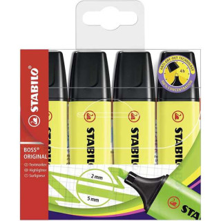 Stabilo Boss 70 Pack de 4 Marcadores Fluorescentes - Trazo entre 2 y 5mm - Recargable - Tinta con Base de Agua - Color Amarillo
