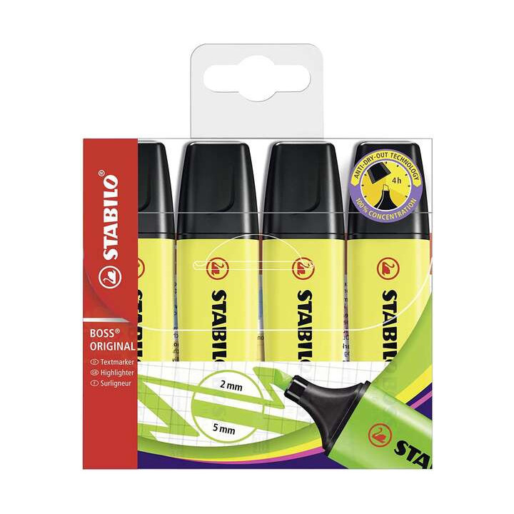 Stabilo Boss 70 Pack de 4 Marcadores Fluorescentes - Trazo entre 2 y 5mm - Recargable - Tinta con Base de Agua - Color Amarillo