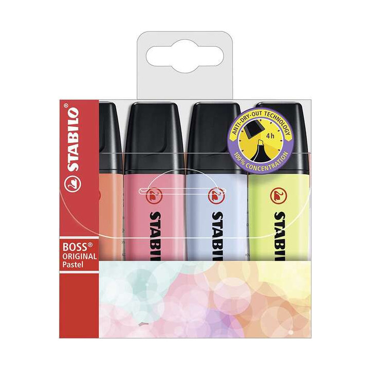 Stabilo Boss 70 Pastel Pack de 4 Marcadores Fluorescentes - Trazo entre 2 y 5mm - Recargable - Tinta con Base de Agua - Colores