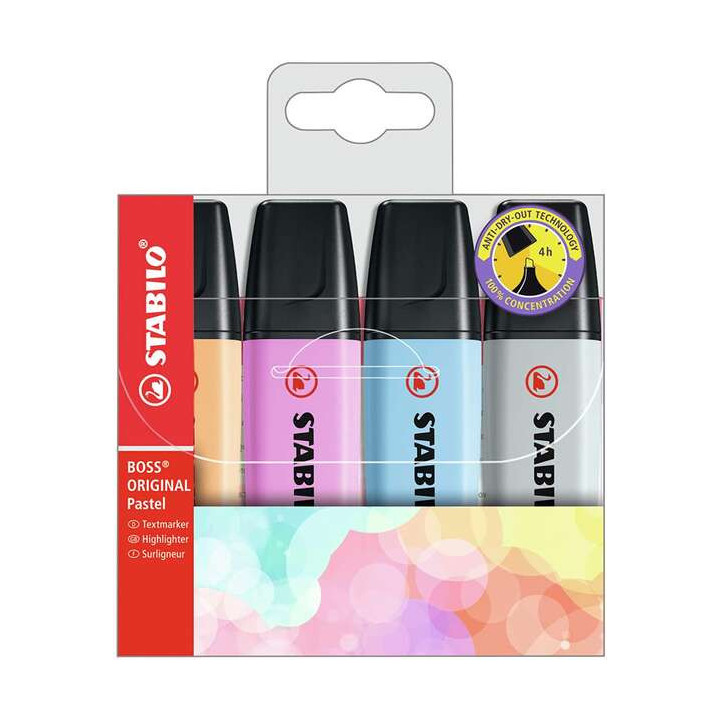 Stabilo Boss 70 Pastel Pack de 4 Marcadores Fluorescentes - Trazo entre 2 y 5mm - Recargable - Tinta con Base de Agua - Colores