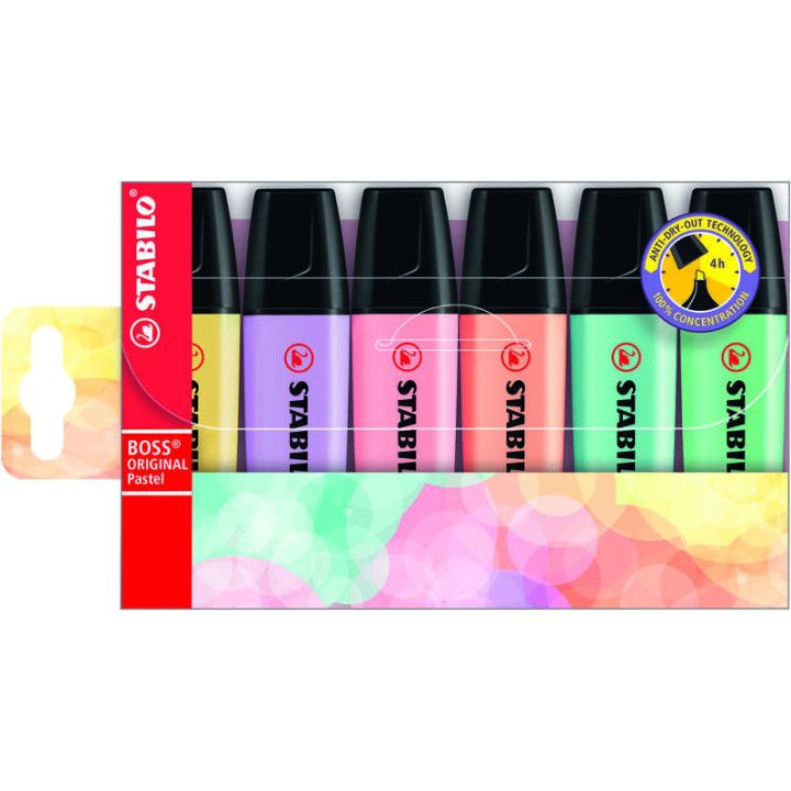 Stabilo Boss 70 Pastel Pack de 6 Rotuladores Marcadores Fluorescentes - Trazo entre 2 y 5mm - Recargable - Tinta con Base de Ag