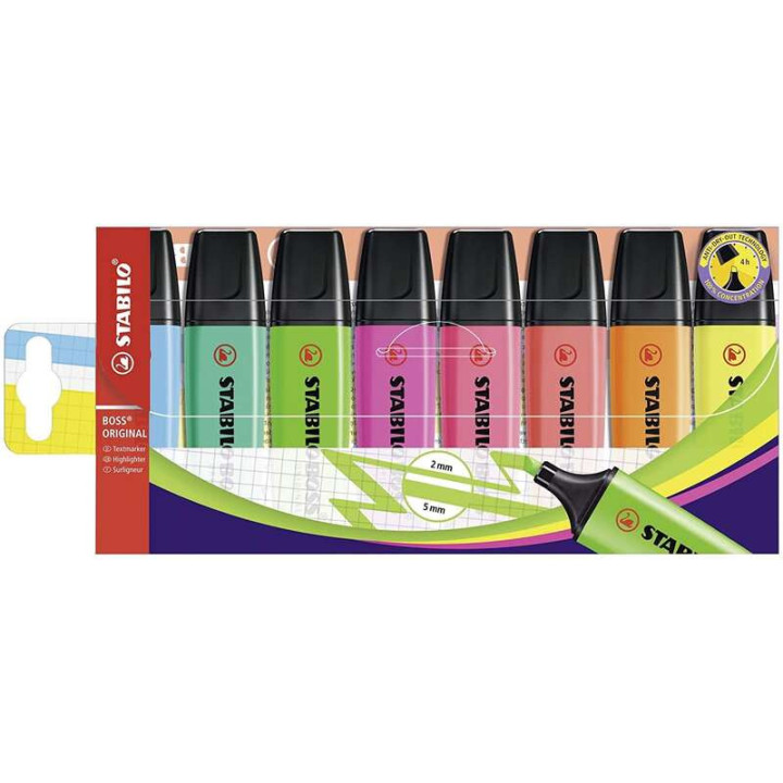 Stabilo Boss 70 Pack de 8 Marcadores Fluorescentes - Trazo entre 2 y 5mm - Recargable - Tinta con Base de Agua - Colores Surtid