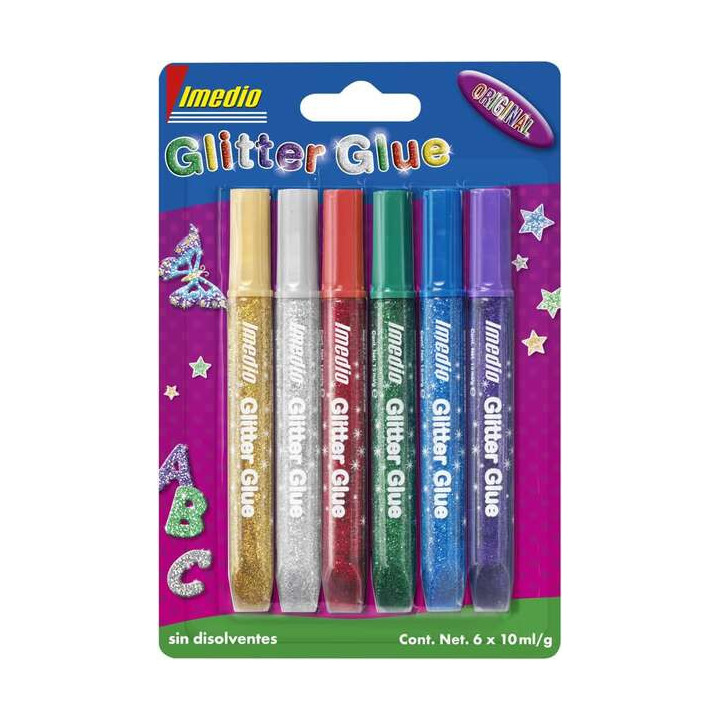 Imedio Glitter Glue "Original" Pack de 6 Tubos de Pegamento con Brillantina 10ml - Para Distintos Materiales - Tubo Extrablando
