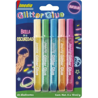 Imedio Glitter Glue "Brilla en la Oscuridad" Pack de 5 Tubos de Pegamento con Brillantina 10ml - Brilla en la Oscuridad - Para