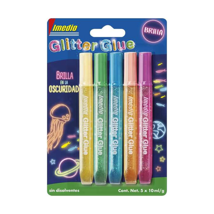 Imedio Glitter Glue "Brilla en la Oscuridad" Pack de 5 Tubos de Pegamento con Brillantina 10ml - Brilla en la Oscuridad - Para