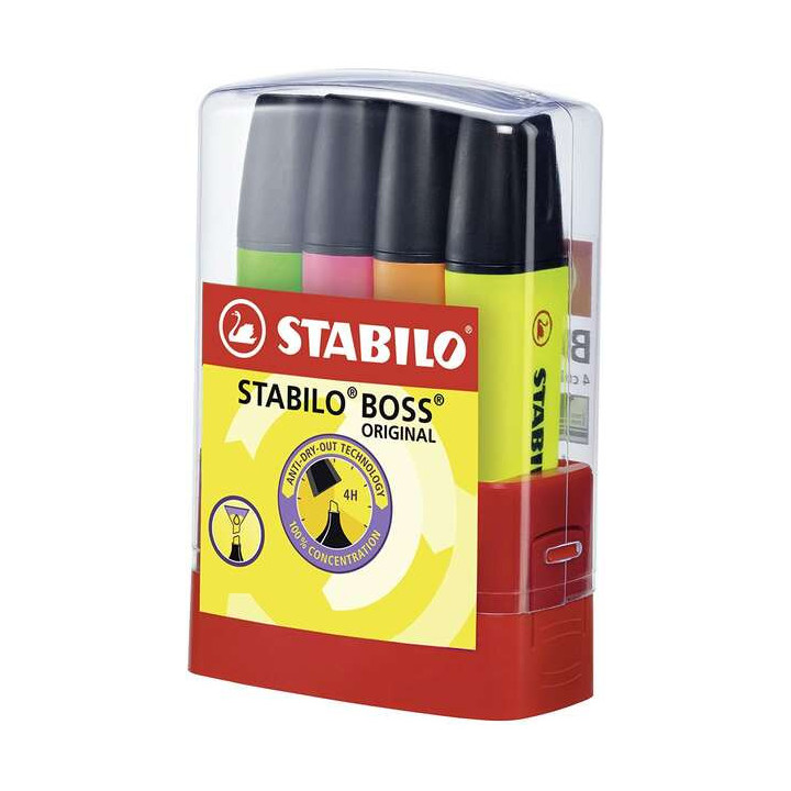 Stabilo Boss 70 Parade Set de Escritorio con 4 Marcadores Fluorescentes - Trazo entre 2 y 5mm - Recargable - Tinta con Base de