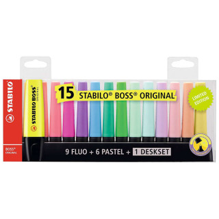 Stabilo Boss 70 Pack de Escritorio de 15 Marcadores Fluorescente - Practica Base para Escritorio - Trazo entre 2 y 5mm - Recarg