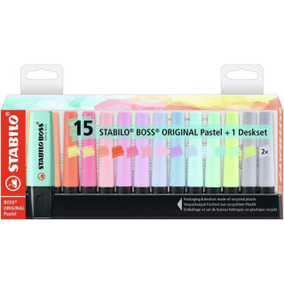Stabilo Boss 70 Pack de Escritorio de 15 Marcadores Fluorescente - Practica Base para Escritorio - Trazo entre 2 y 5mm - Recarg