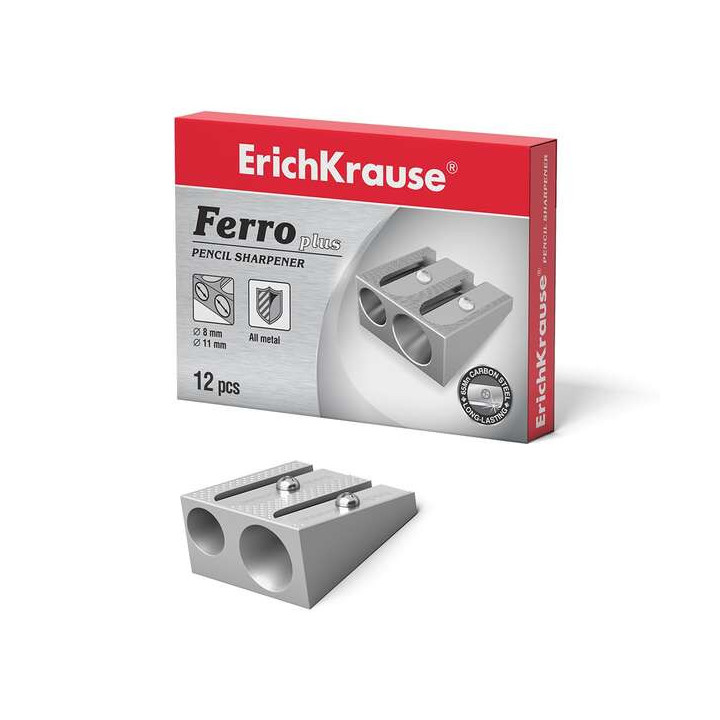Erichkrause Ferro Plus - Sacapuntas Doble de Aluminio - Agarre Ergonomico - Dos Agujeros de 8mm y 11mm - Cuchilla de Acero al C
