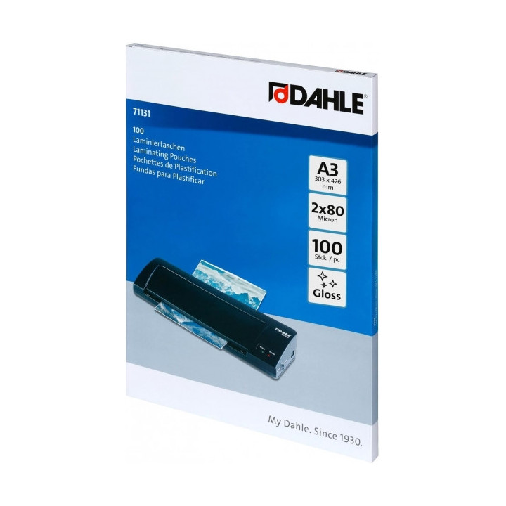 Dahle Pack de 100 Fundas para Plastificar Brillo A3 - 80 Micras - Alta Calidad - Transparente