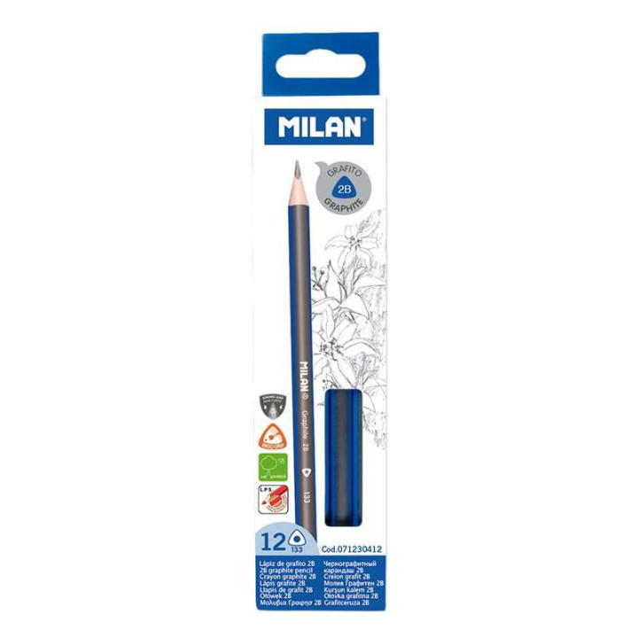 Milan Pack de 12 Lapices de Grafito Triangulares - Mina 2B de 2.4mm - Resistente a la Rotura - Recomendado para Dibujo Artistic