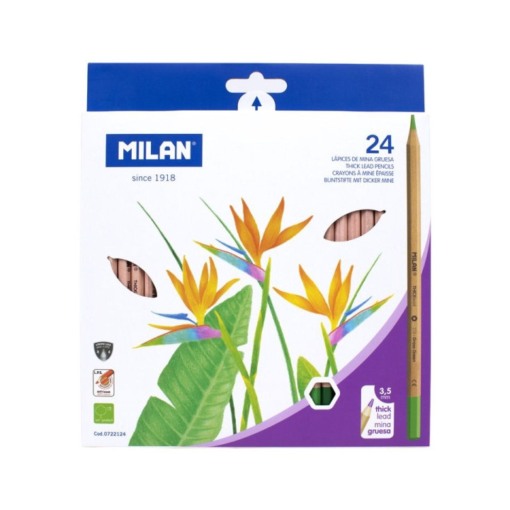 Milan Pack de 24 Lapices Hexagonales de Colores - Mina Gruesa 3.5mm - Resistente a la Rotura - Madera Certificada FSC - Colores