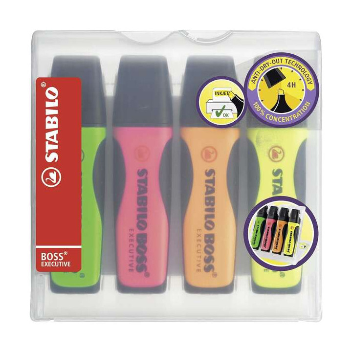 Stabilo Boss Executive Pack de 4 Marcadores Fluorescentes - Zona de Agarre - Trazo entre 2 y 5mm - Recargable - Tinta con Base