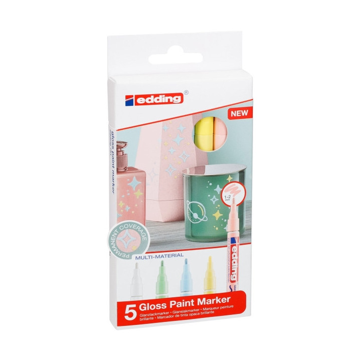 Edding 751 Pack de 5 Rotuladores Permanentes - Punta Redonda - Trazo entre 1 y 2 mm. - Tinta Opaca - Secado Rapido - Colores Su