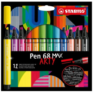 Stabilo Pen 68 MAX Arty Pack de 12 Rotuladores - Punta de Fibra Biselada - Trazo entre 1-5mm aprox. - Tinta a Base de Agua - Co