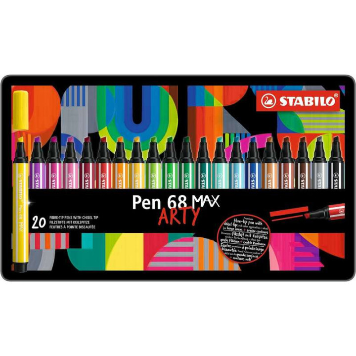Stabilo Pen 68 MAX Arty Caja Metalica de 20 Rotuladores - Punta de Fibra Biselada - Trazo entre 1-5mm aprox. - Tinta a Base de