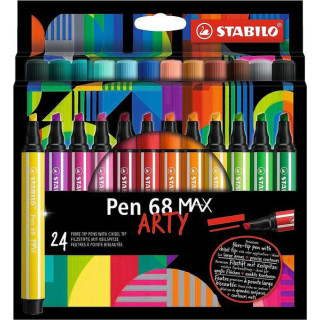 Stabilo Pen 68 MAX Arty Pack de 24 Rotuladores - Punta de Fibra Biselada - Trazo entre 1-5mm aprox. - Tinta a Base de Agua - Co