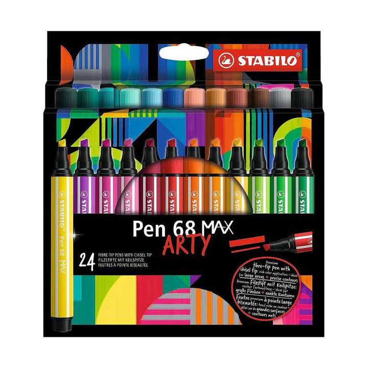 Stabilo Pen 68 MAX Arty Pack de 24 Rotuladores - Punta de Fibra Biselada - Trazo entre 1-5mm aprox. - Tinta a Base de Agua - Co