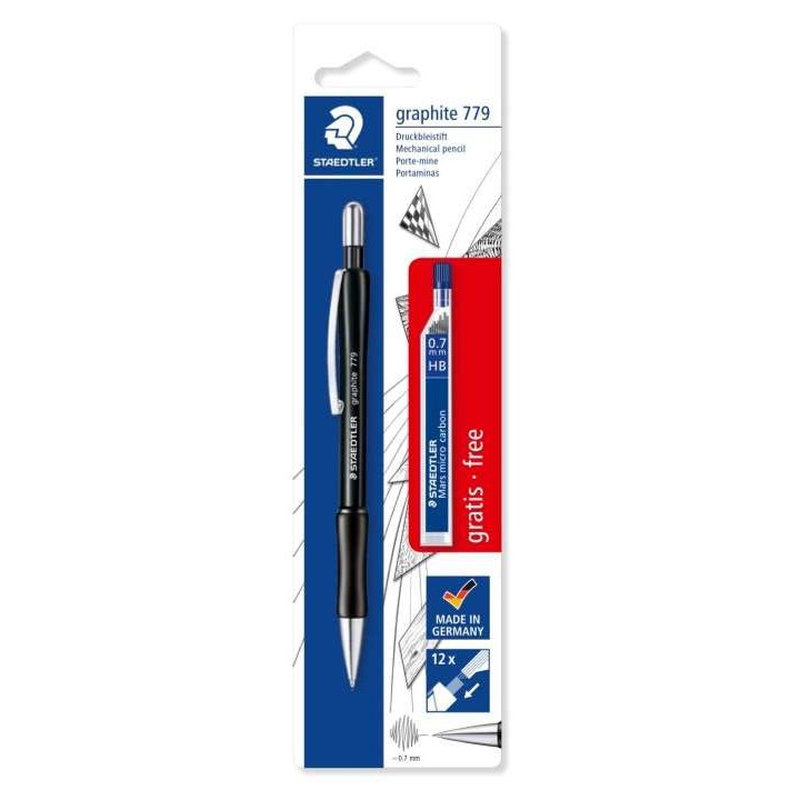 Staedtler Pack de 1 Portaminas 779 de 0.7mm + 1 Tubo de 12 Minas - Zona de Agarre Ergonomica - Resistente a Roturas