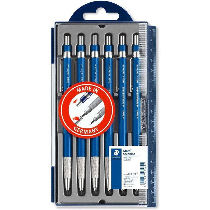 Staedtler Mars Technico 780 Pack de 6 Portaminas Tecnicos - Mina de 2mm - Zona de Agarre Hecha en Metal - Sacapuntas Integrado