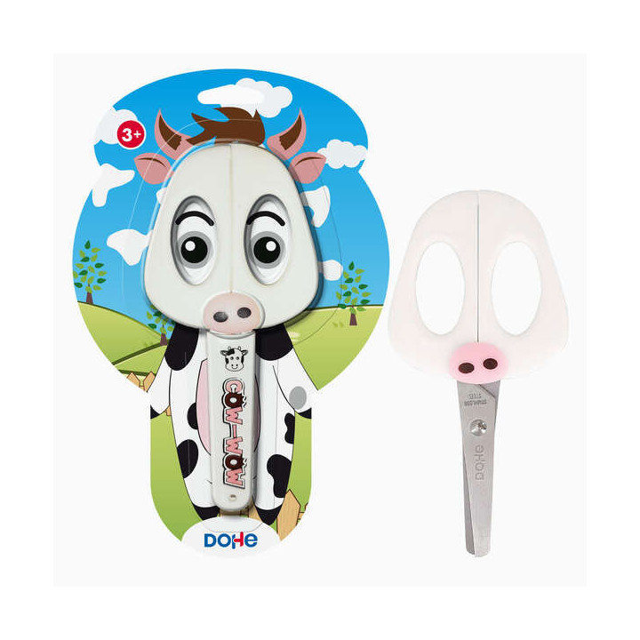 Dohe Tijera Escolar para Niños - Acero Inoxidable - Puntas Redondeadas - Funda para las Hojas - Diseño Vaca