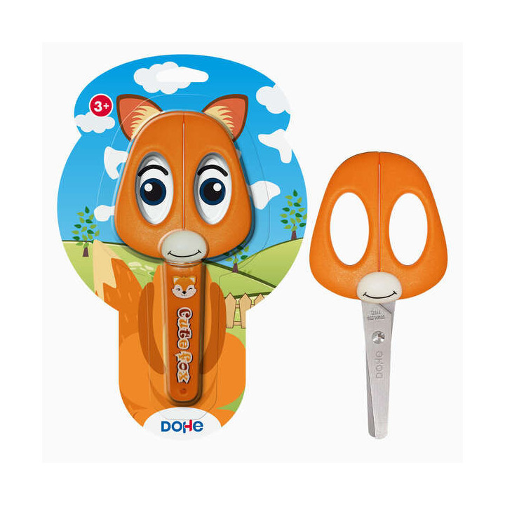 Dohe Tijera Escolar para Niños - Acero Inoxidable - Puntas Redondeadas - Funda para las Hojas - Diseño Zorro