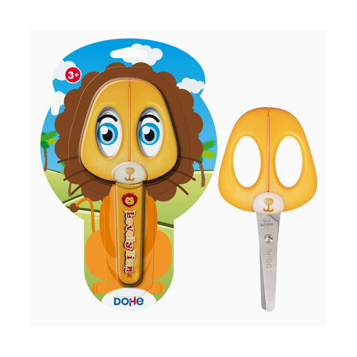 Dohe Tijera Escolar para Niños - Acero Inoxidable - Puntas Redondeadas - Funda para las Hojas - Diseño Leon